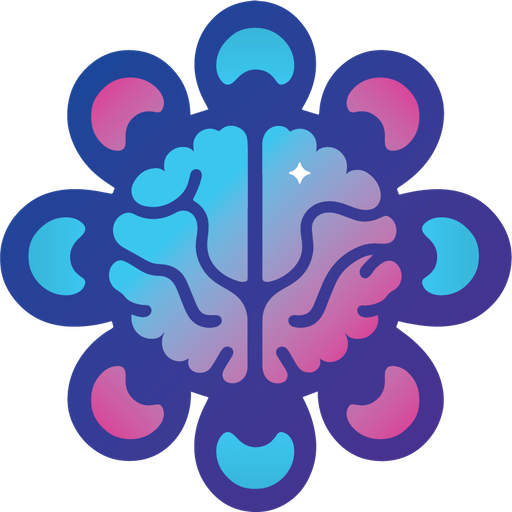 A simplified diagram of a brain seen from the front, surrounded by eight crescent shapes all pointing toward it. Each crescent shape alternates between blue and pink, and the brain is colored a blue/pink ombre.